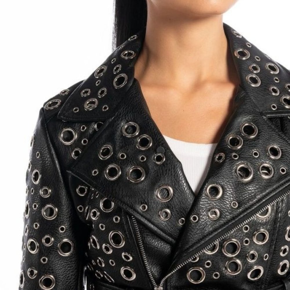 Miz 360: Circle of Life Cropped Grommet Vegan Leather Moto Jacket Large - Picture 10 of 13